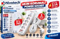 NIVATECH NTC-5220 5Lİ 2 USB 1 TYPE C  3 MT  BEYAZ AKIM KORUMALI PRİZ 3mt